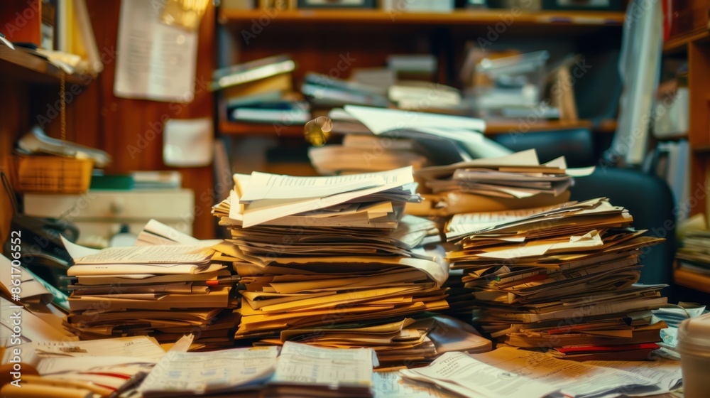 Piles of paperwork on a desk reflecting workload Piles of paperwork on a desk reflecting workload