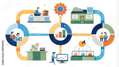 An illustration depicting the interconnectedness of modern business operations, showcasing various stages like production, marketing, sales, and customer service