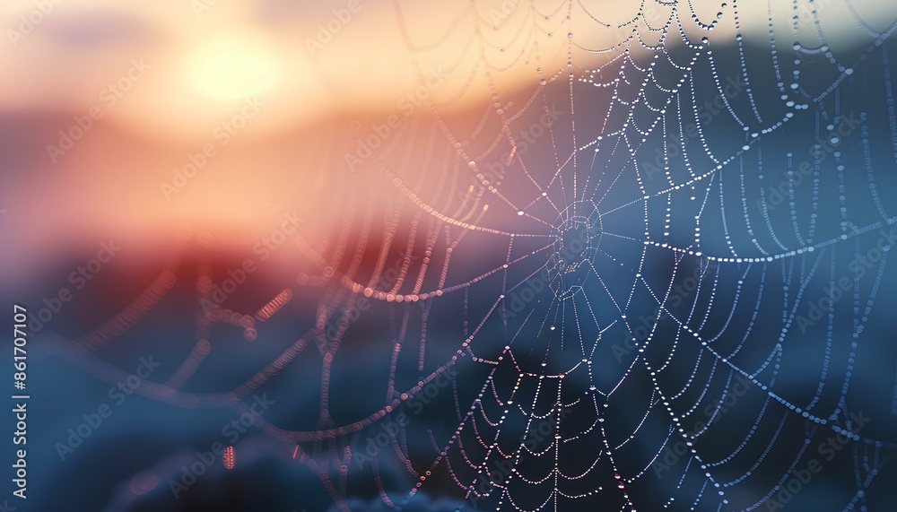 A minimalistic close-up of a delicate spider web adorned with morning dew drops, creating a sparkling effect. A minimalistic close-up of a delicate spider web adorned with morning dew drops, creating a sparkling effect.