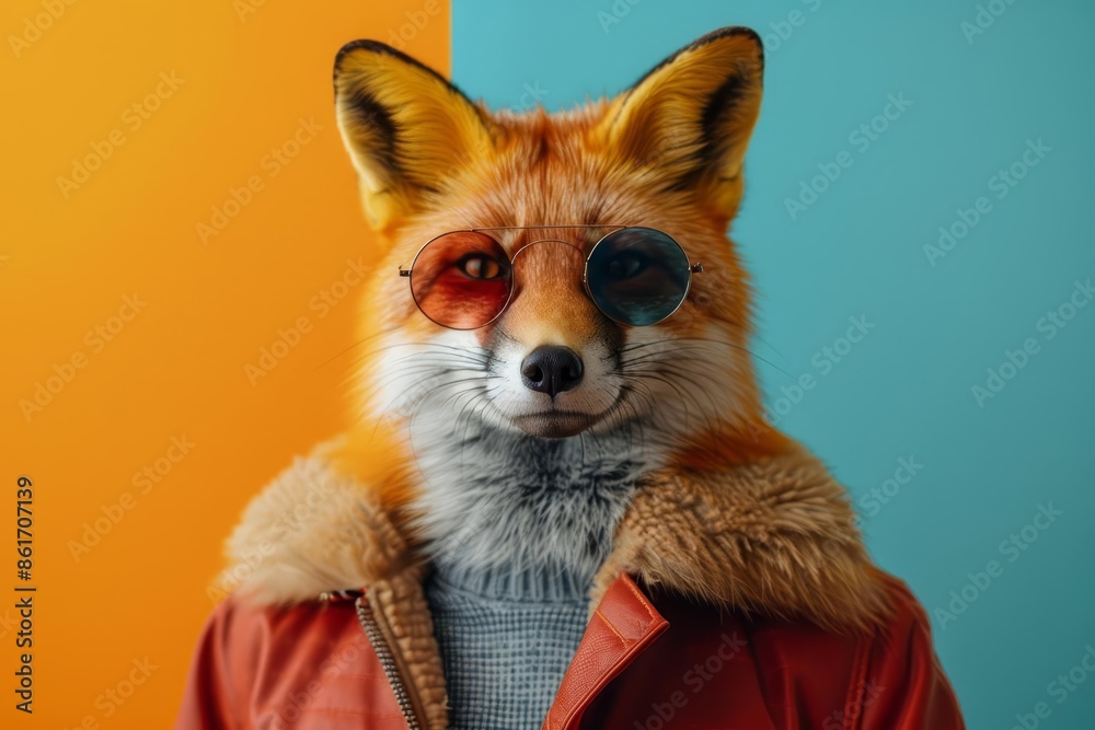Image of stylish Fox in trendy sunglasses and outfit looking at camera against two colored background, Copyspace Image of stylish Fox in trendy sunglasses and outfit looking at camera against two colored background, Copyspace