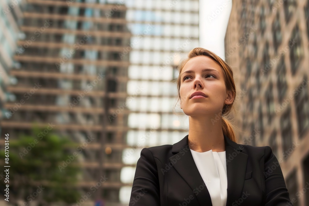 Confident Businesswoman Standing in Modern City with High-Rise Buildings Confident Businesswoman Standing in Modern City with High-Rise Buildings