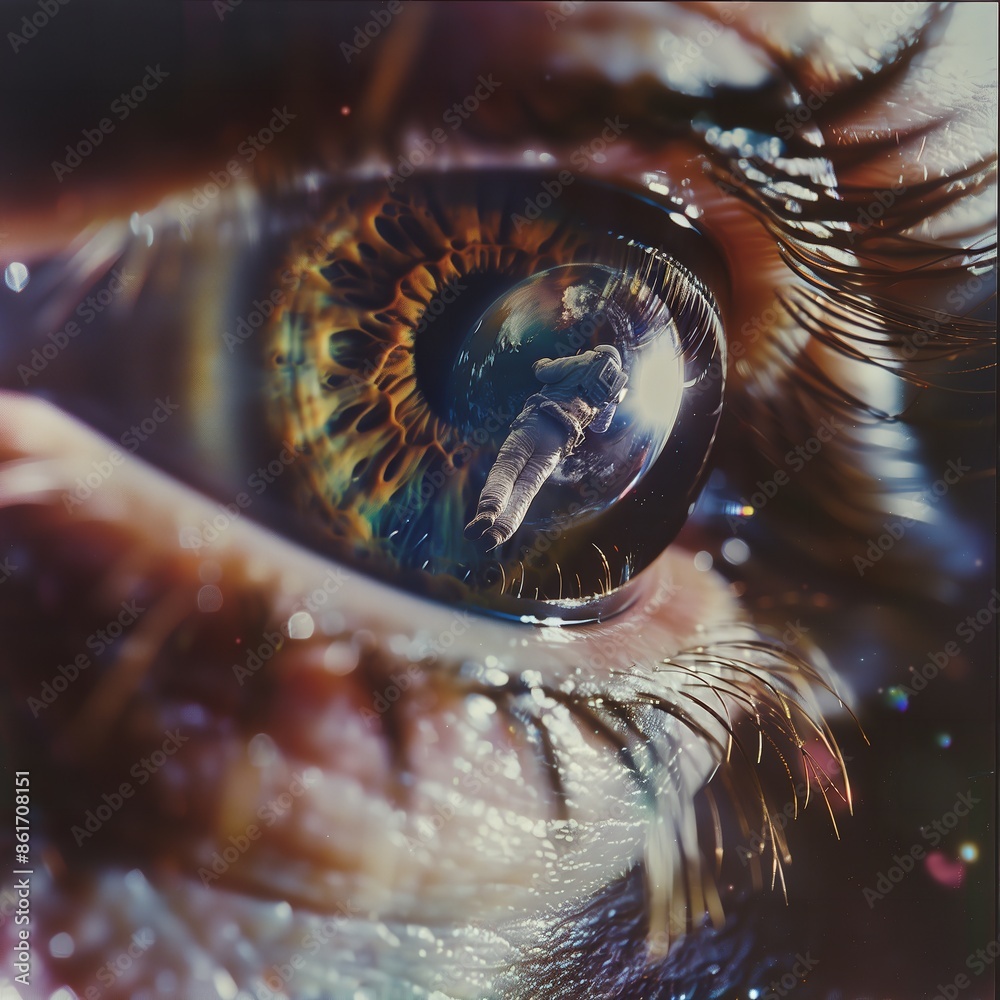 A cosmic eye with a detailed astronaut floating inside, fantastic, vibrant, ethereal, reflective, dreamlike