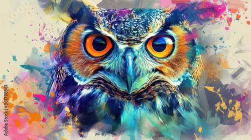 vibrant abstract owl portrait with colorful double exposure effect and expressive brushstrokes digital painting © Jelena