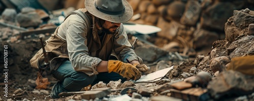 An archaeologist excavating artifacts and documenting findings at a dig site. photo