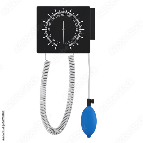 High quality image of a wall mounted blood pressure monitor with a coiled tubing and bulb. Perfect for illustrating medical equipment in hospitals and clinics.