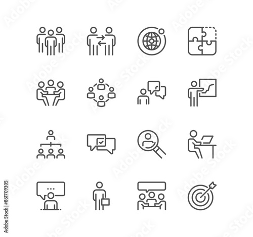 Set of teamwork related icons, research, meeting, collaboration, business management, leader, community, organization, together and linear variety vectors.	
