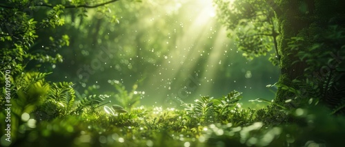 A serene nature background featuring a lush green forest with sunlight streaming through the trees