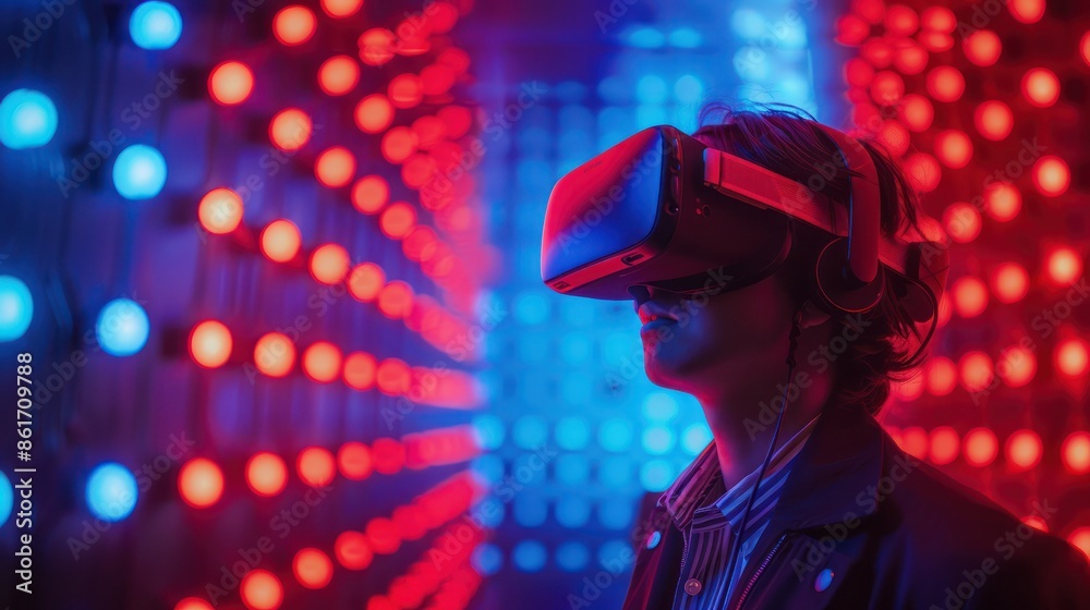 Person using VR headset in a futuristic, colorful LED light tunnel, showcasing virtual reality technology and immersive digital experiences. Person using VR headset in a futuristic, colorful LED light tunnel, showcasing virtual reality technology and immersive digital experiences.