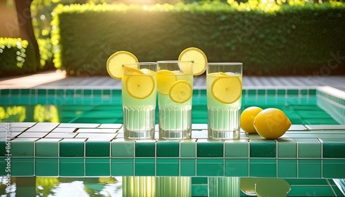 Glasses of Lemonade with Lemon Slices, Pool