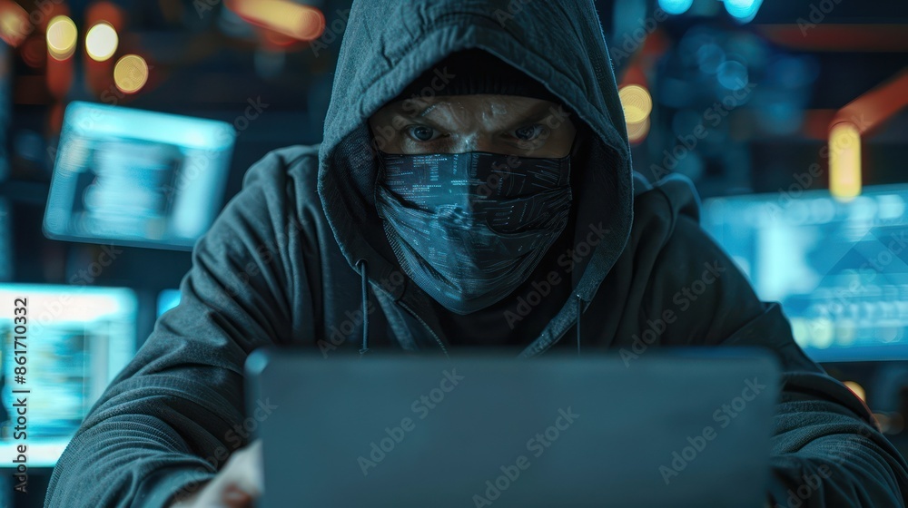 A mysterious hacker in a dark hoodie and mask, working on a laptop amidst a dimly lit room with screens in the background. A mysterious hacker in a dark hoodie and mask, working on a laptop amidst a dimly lit room with screens in the background.