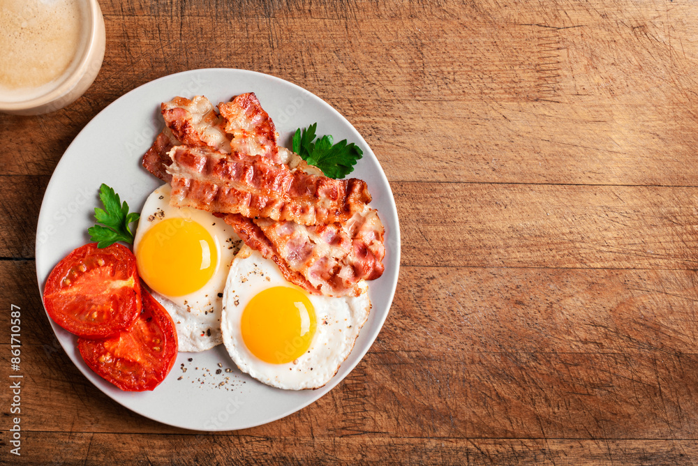 Breakfast with fried eggs and bacon and coffee Breakfast with fried eggs and bacon and coffee
