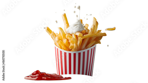 Exploding French fries with tomato ketchup
and Mayonnaise in box isolated on transparent background, clipping path photo