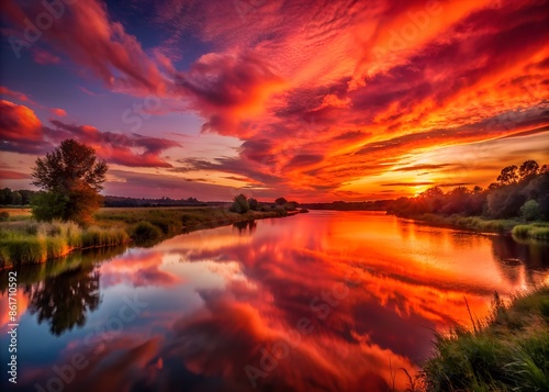 Sunset over the sea Red Cloudy Sky View