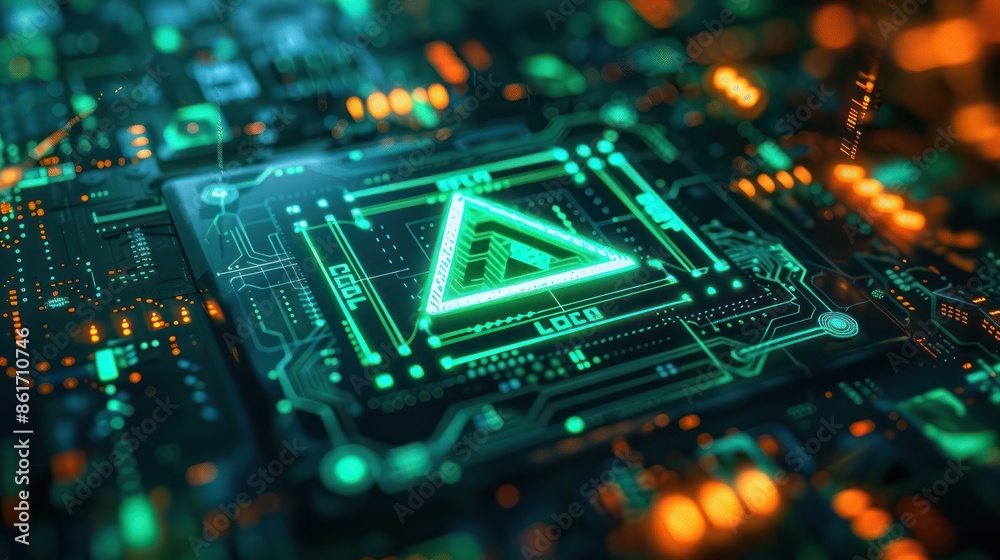 Obraz premium Close-up of an illuminated semiconductor chip with futuristic green and orange lights, representing advanced technology and hardware innovation.