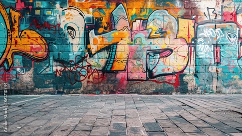 vibrant graffiti art mural on grungy urban wall street culture and creative expression in the city © Jelena