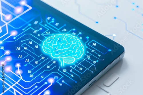 AI brain on a digital tablet, illustrating advanced artificial intelligence technology and digital innovation