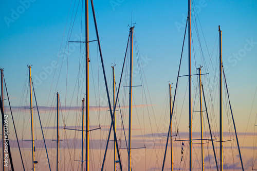 Masts of sailboats in a marina at sunset. © Trygve