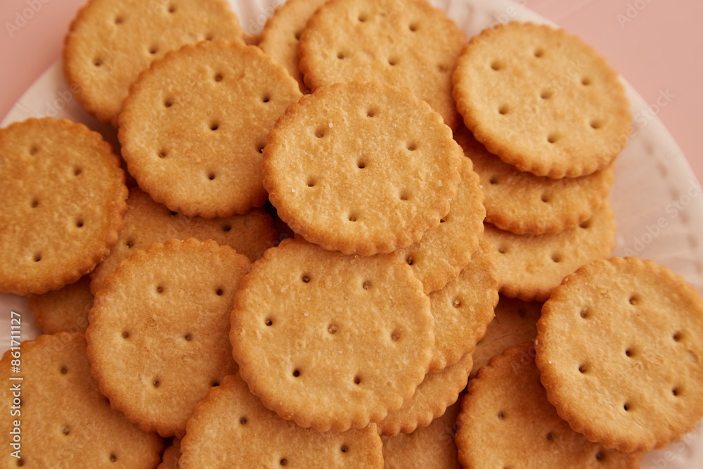 Close-up of saltine crackers on a plate on a pink background, close-up of cookies, freshly baked cookies Close-up of saltine crackers on a plate on a pink background, close-up of cookies, freshly baked cookies