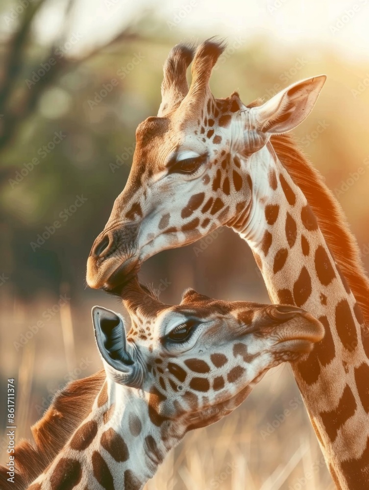 Two giraffes are standing next to each other in the grass. AI.