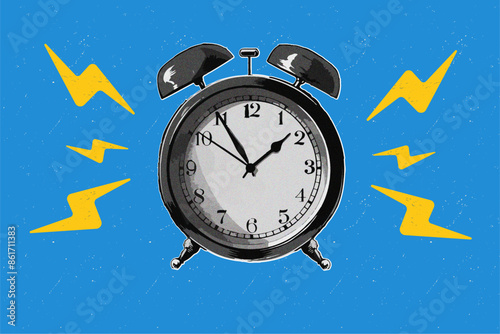 Modern halftone collage alarm clock. Punk doodle lightning. Grunge blue background with noise texture. Deadline concept. Dotted pop art style. Contemporary vector design.