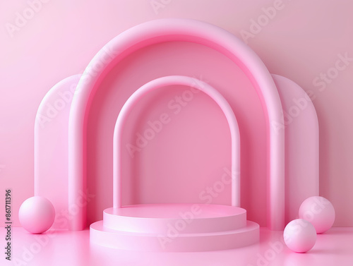 Pink arch podiums with spheres and steps © oksa_studio