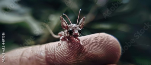 A small lizard sitting on top of a finger. AI. photo