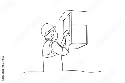 Single one line drawing of an electrician is checking the condition of the unit. Home repair, maintenance and plumbing services. Handyman concept. Continuous line draw design vector illustration