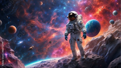 An astronaut standing on the surface of a planet with colorful stars. AI.
