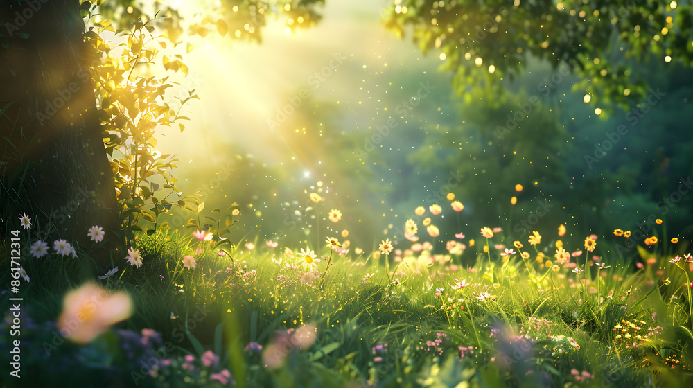 Sunny Morning Sunlight Through Trees in a Field of Wildflowers Sunny Morning Sunlight Through Trees in a Field of Wildflowers