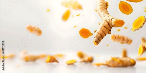 Turmeric root slices falling on white background in high resolution. Concept Food photography, Spices, Turmeric, Minimalist, High resolution photo