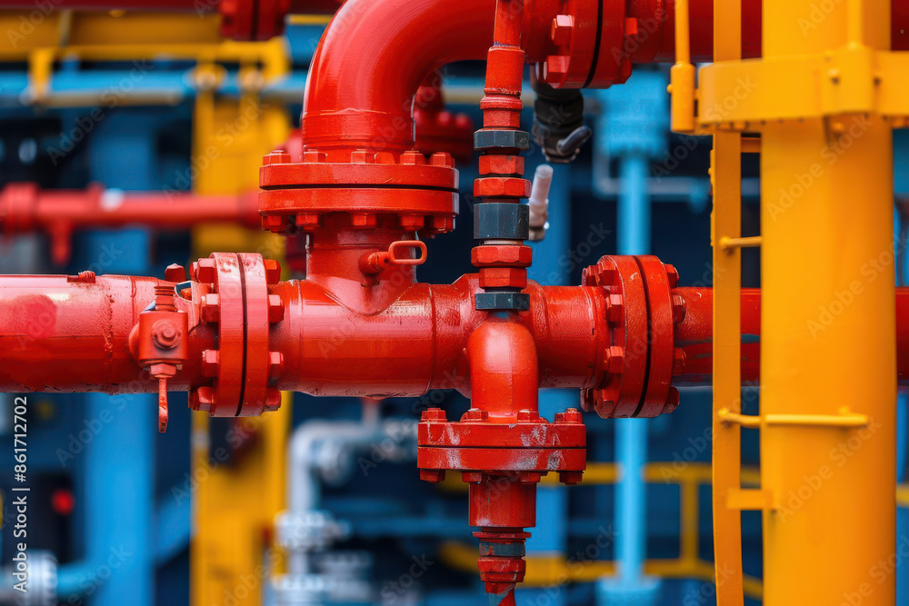 Detailed shot of oil rig pipes and valves, complex machinery, engineering excellence Detailed shot of oil rig pipes and valves, complex machinery, engineering excellence