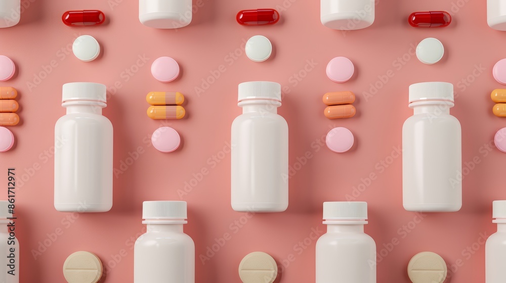 A mix of vitamin bottles and supplement capsules arranged artistically, their shadows creating a dynamic pattern, emphasizing wellness A mix of vitamin bottles and supplement capsules arranged artistically, their shadows creating a dynamic pattern, emphasizing wellness