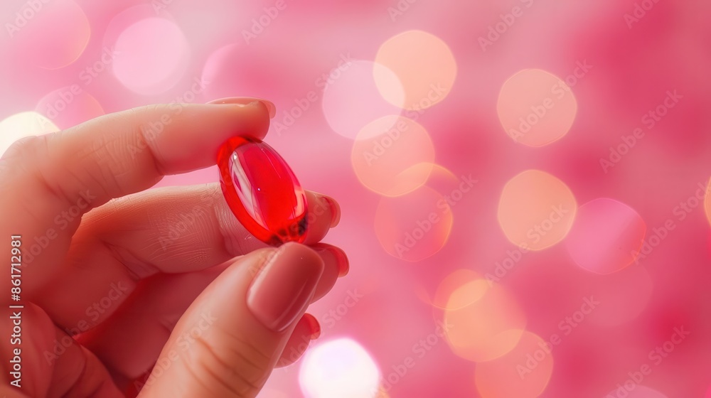 vibrant red gel capsule in female hand on blurred pink background pharmaceutical product closeup photo