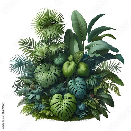 Lush green tropical plants bush (monstera, palm, rubber plant, pine and fern), cut out