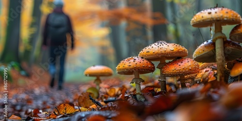 Individual strolling in a woodland filled with mushrooms. Concept Enchanted Forest, Mushroom Walk, Nature Portrait, Solo Adventure, Woodland Exploration