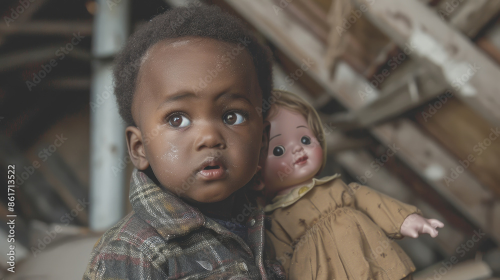 A young boy with dark brown eyes gazes into the distance while holding a porcelain doll in his arms. The setting appears to be a dilapidated, abandoned building A young boy with dark brown eyes gazes into the distance while holding a porcelain doll in his arms. The setting appears to be a dilapidated, abandoned building