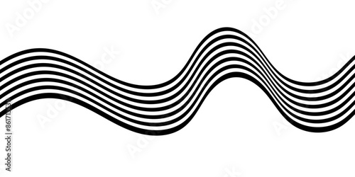 Black on white abstract perspective line wave background with 3d dimensional effect isolated on white