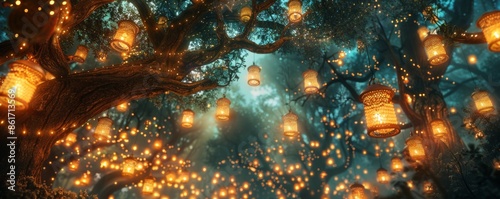 A festival of lights illuminates a sprawling forest, with lanterns hanging from the branches like stars in the night sky. photo