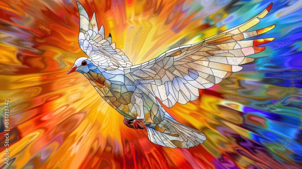 Fototapeta premium vibrant stained glass depiction of a soaring dove symbol of the holy spirit digital painting