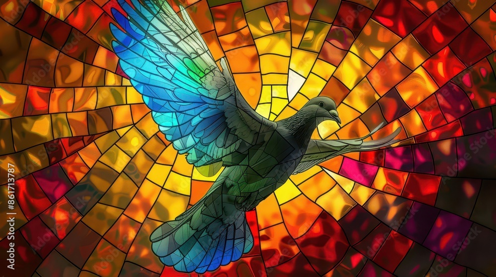 vibrant stained glass depiction of a soaring dove symbol of the holy ...