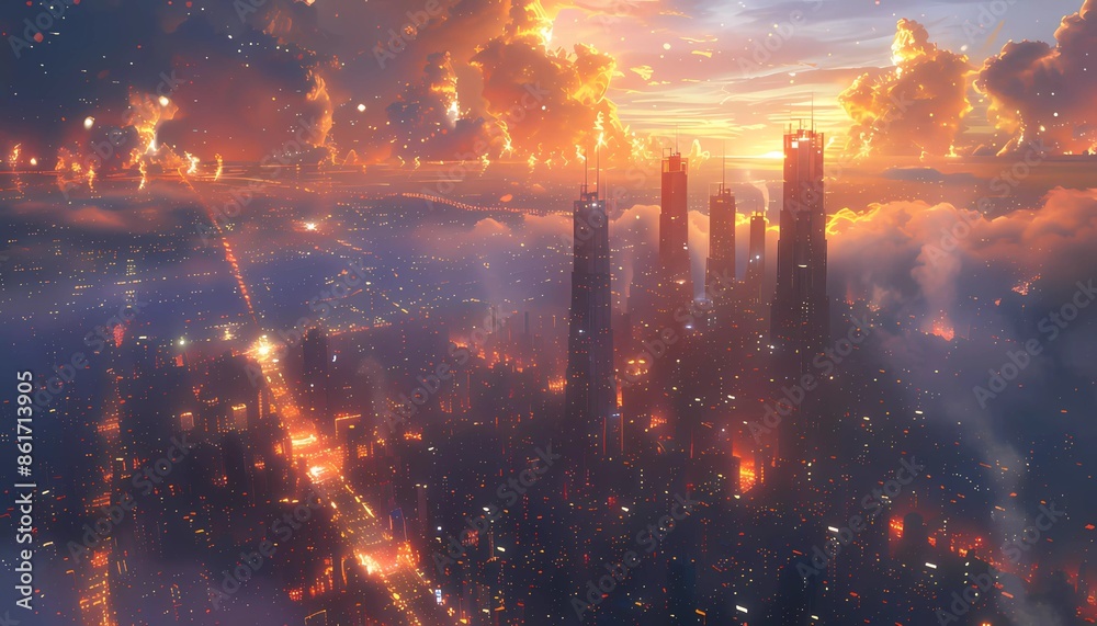 Data Metropolis, sprawling urban cityscape transformed into a digital metropolis, skyscrapers house interconnected data centers.
Data Metropolis, sprawling urban cityscape transformed into a digital metropolis, skyscrapers house interconnected data centers.