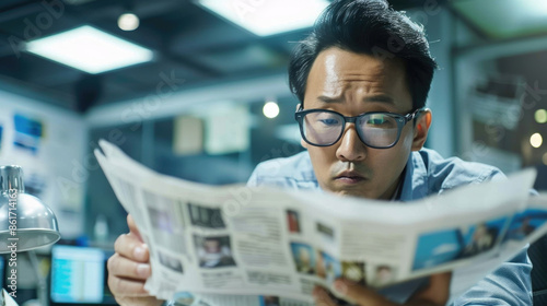 A man in glasses sits at a desk in an office, intently reading a newspaper. The office is dimly lit, suggesting it is late at night