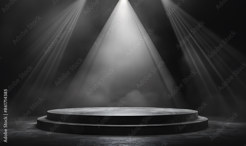 An empty, dark podium stand with a spotlight effect, showcasing a minimalist yet impactful design concept An empty, dark podium stand with a spotlight effect, showcasing a minimalist yet impactful design concept
