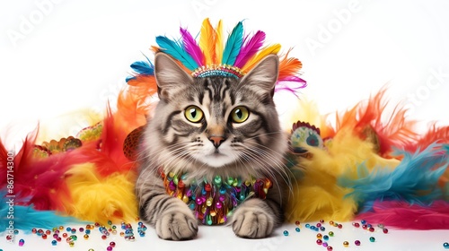 Adorable cat wearing colorful feathers and beads, celebrating a festive occasion against a vibrant background with confetti. photo