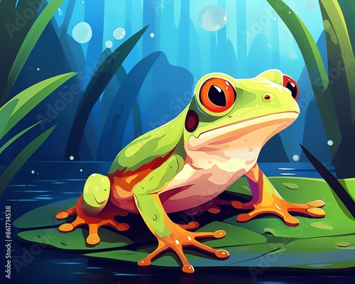 Colorful tree frog on a lily pad in a vibrant, aquatic environment with plants and water bubbles. photo