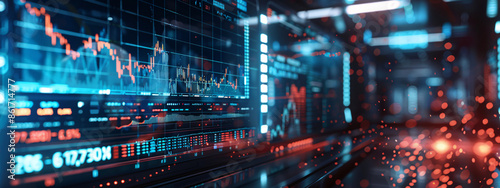 Augmented reality screen with declining stocks and a bankruptcy alert in a high-tech environment