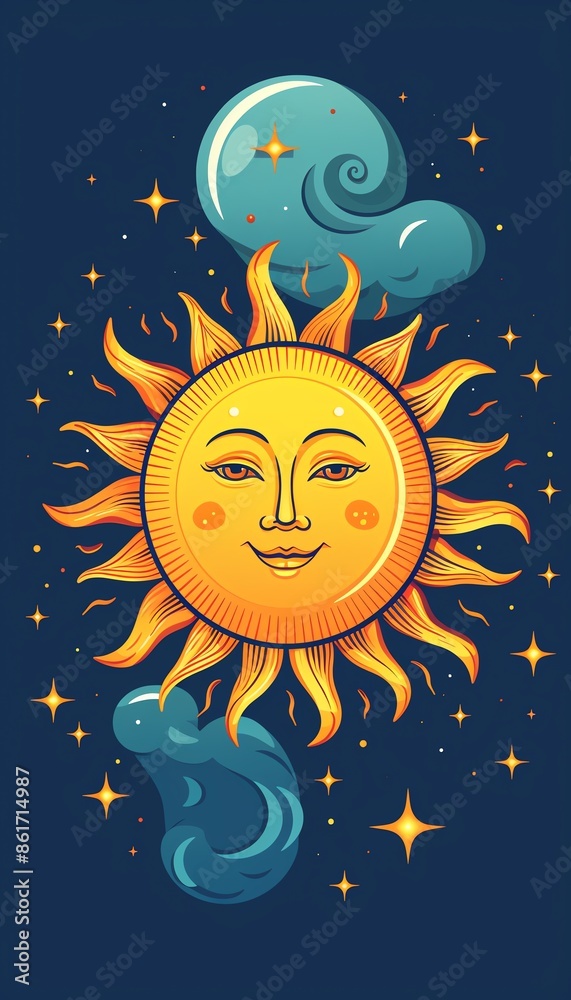 Whimsical illustration of a smiling sun with clouds and stars in a night sky, perfect for decoration, art prints, or greeting cards.