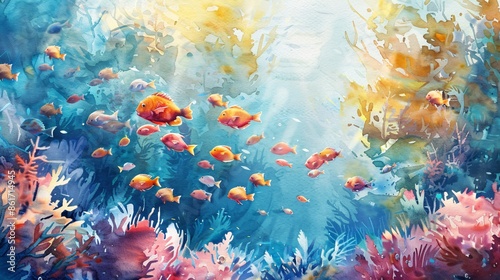 Fototapeta Naklejka Na Ścianę i Meble -  Fantasy watercolor artwork of a playful school of enchanted fish swimming in a vibrant coral reef
