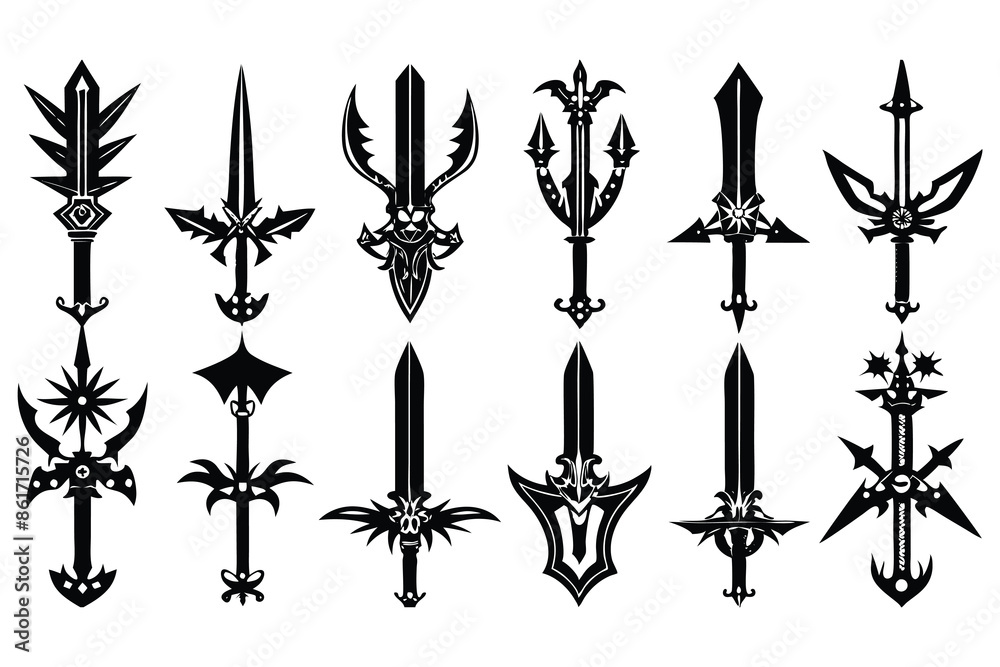 16 pich different type battle sword black silhoue wight background