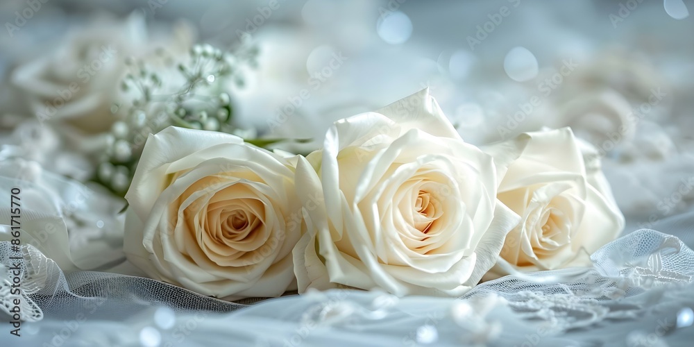 Obraz premium Elegant and Romantic White Roses Wedding Ring Satin Lace Symbolic Arrangement. Concept Wedding Rings, White Roses, Satin Lace, Romantic Arrangement, Symbolic touches